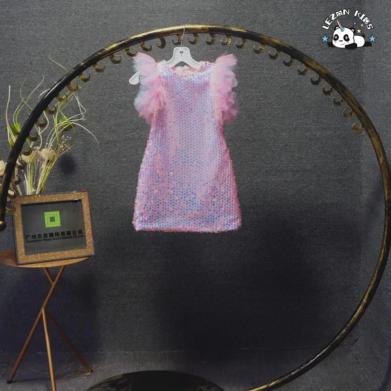 LEZONKIDS - Vestido rosa com lantejoulas e manga voadora de fio de rede para crianças, traje de performance, apresentador de desfile de moda, vestido de festa de aniversário para meninas